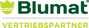 Blumat Logo mit gelbem Tropfen und grünem Schriftzug Vertriebspartner auf weißem Hintergrund